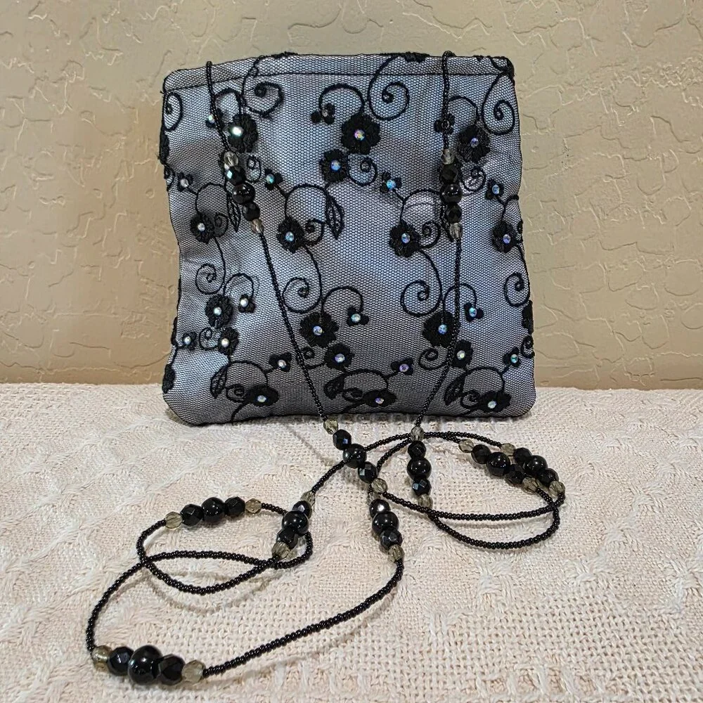 Black Lace Silver Satin Embellished Black Glass Beaded Strap Evening Bag Purse